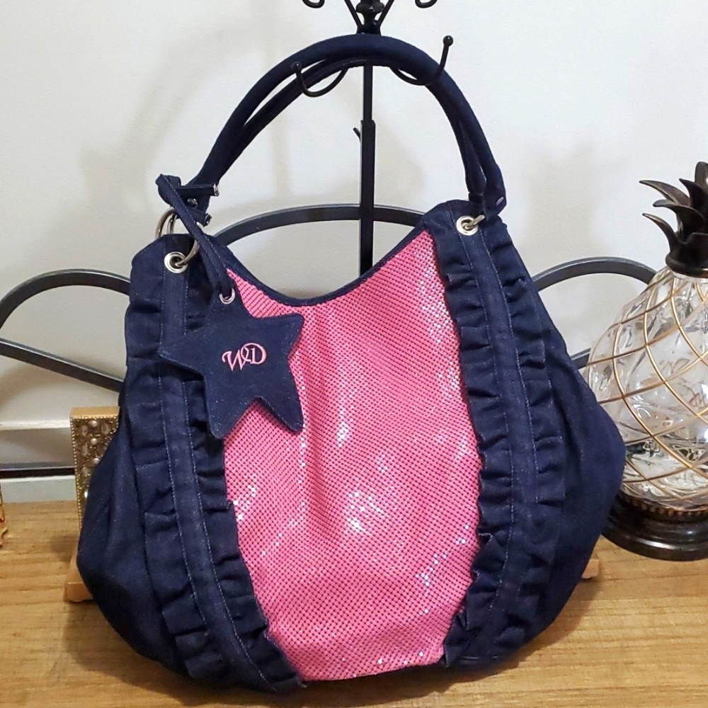 Whiting & Davis Blue Denim Ruffle w/Pink Mesh Shoulder Tote Handbag Purse - Nwot